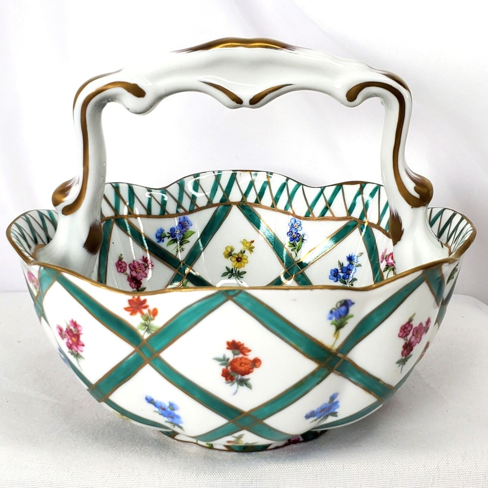 VTG Elios Hand Painted Porcelain Basket Teal Green Trellis Floral Gold Gilt Trim